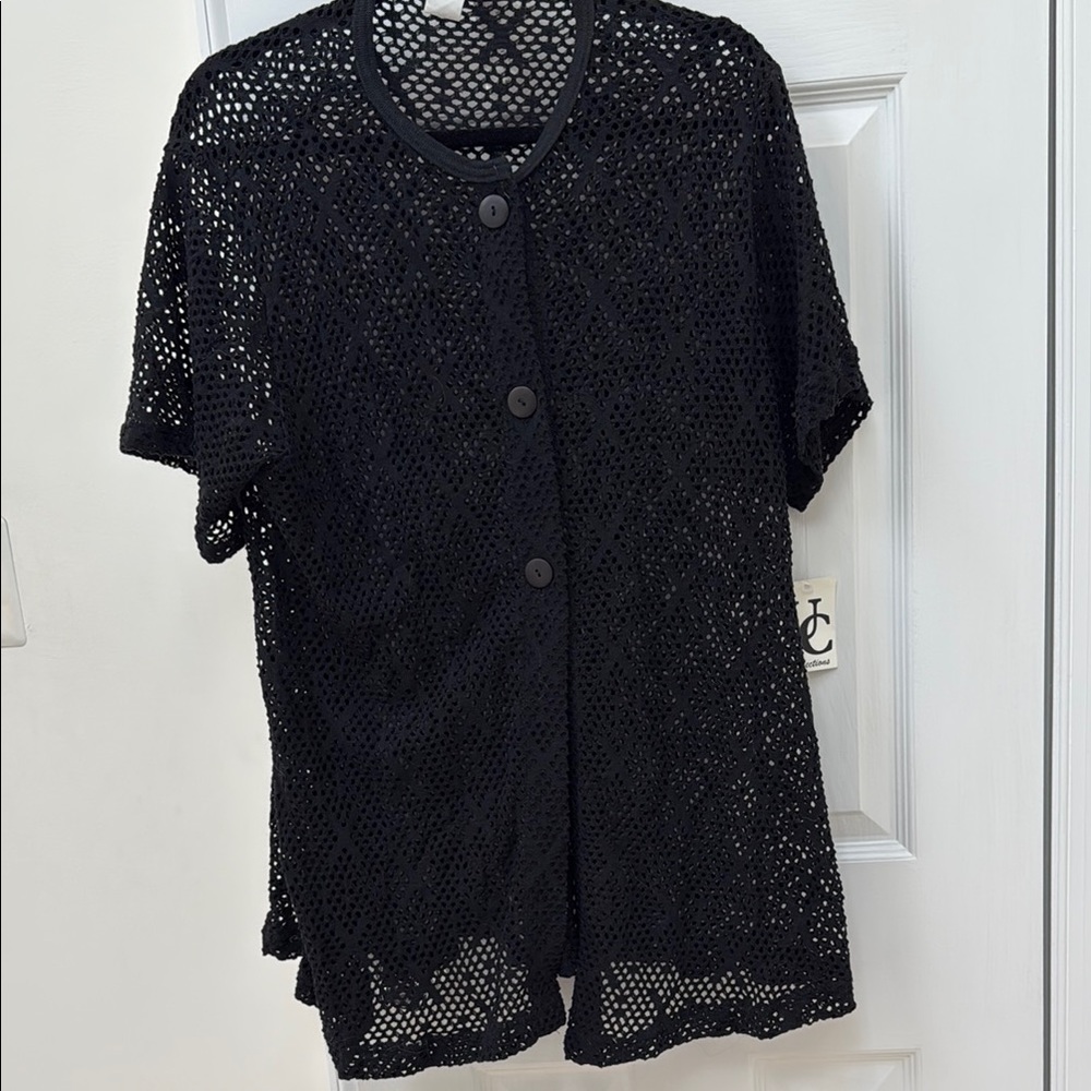 IC COLLECTION Black Crochet Button-Up Top